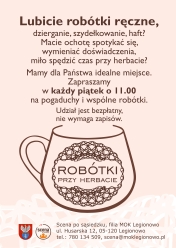 plakat inforumujący o robótkach ręcznych w scenie po sąsiedzku.