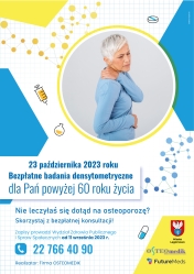 Plakat informujący o badaniach densytometrycznych.