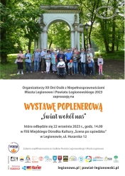 Plakat informujący o wystawie poplenerową Świat wokół nas XII Dni Osób z Niepełnosprawnościami Miasta Legionowo i Powiatu Legionowskiego 2023.