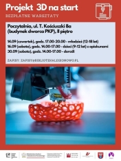 Olakat informujący o bezpłatnych warsztatach z druku 3D.