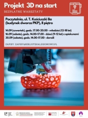 Olakat informujący o bezpłatnych warsztatach z druku 3D.
