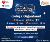 Plakat informujący o darmowych warsztatach z programowania.