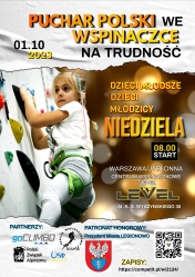 plakat informujący o zawodach Puchar Polski Dzieci, Dzieci Młodszych oraz Młodzików we Wspinaczce sportowej na trudność