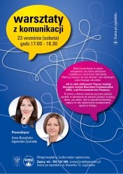 Plakat informujący o bezpłatnym warsztacie z komunikacji.