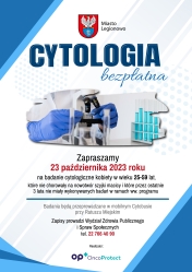 Plakat informujący o bezpłatnych badaniach cytologicznych przy Ratuszu Miejskim.