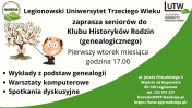 plakat informujący o wykładzie Genealogia - Legionowski Klub Historyków Rodzin