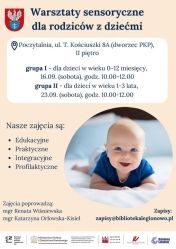 Plakat informujący o wrsztatach sensorycznych dla rodziców z dziećmi.