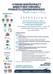 Plakat informujący o I Forum Współpracy Międzysektorowej Powiatu Legionowskiego.
