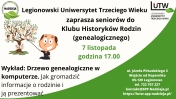 plakat informujący o wykładzie Genealogia - Legionowski Klub Historyków Rodzin
