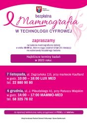 Plakat informujący o terminach badań mammograficznych w Legionowie