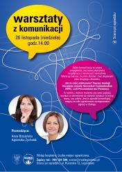 Plakat informujący o bezpłatnym warsztacie z komunikacji.