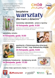 Plakat informujący o warsztatach dla mam z dziećmi.