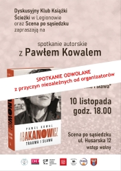 Plakat informujący o spotkaniu dyskusyjnego Klubu Książki Ścieżki w Legionowie