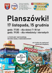 Plakat informujący o spotkaniu rodzinnym z planszówkami