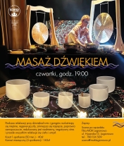 Plakat informujący o zajęciach masażu dźwiękiem.