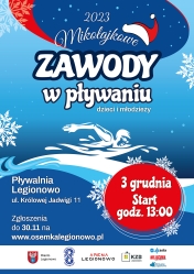 Plakat promujący zawody w pływaniu dzieci i młodzieży w Legionowie
