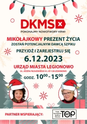 Plakat z akcentami mikołajkowymi i informacją o rejestracji na potencjalnego dawcę szpiku w Legionowie