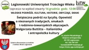 Plakat informujący o wykładzie otwartym świąteczna podróż na Sycylię, opowieść o nieznanych tradycjach, smakach i rodzinno-towarzyskich obyczajach