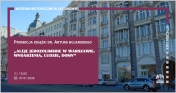 Plakat informujący o promocji książk dr. Artura Bojarskiego 'Aleje Jerozolimskie w Warszawie. Wydarzenia, Ludzie, Domy'; w tle budynki