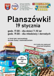 Plakat informujący o spotkaniu rodzinnym z planszówkami