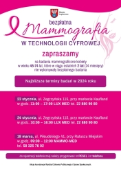 Plakat informujący o terminach badań mammograficznych w Legionowie