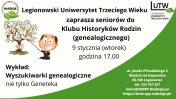 plakat informujący o wykładzie Genealogicznym - Legionowski Klub Historyków Rodzin