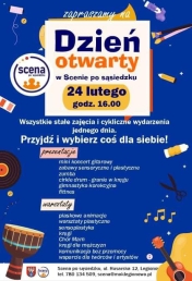 Plakat informujący o dniu otwartym w Scenie po sasiedzku
