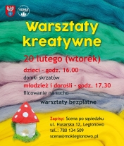 Plakat informujący o warsztatach dla dzieci młodzieży i dorosłych