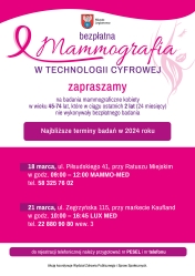Plakat informujący o terminach badań mammograficznych w Legionowie
