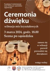 Plakat informujący o warsztatach Ceremonia Dźwięku - wibracje mis kryształowych