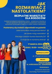 Plakat informujący o bezpłatnych warsztatach dla rodziców