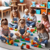 Bawią się dzieci klockami i siedzą na dywanie