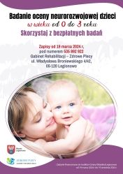 Plakat informujący o bezpłatnym badaniu oceny neurorozwojowej dziecka