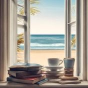 Biurko przed oknem z widokiem na morze, na biurku książki, filiżanka