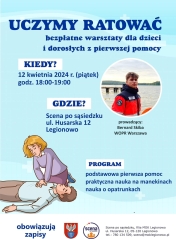 Plakat informujacy o warsztatach z ratownictwa