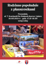 Plakat informujący o rodzinnym popołudniu z planszówkami
