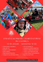 Plakat informujacy o pikniku charytatywnym dla strażaka Kamila