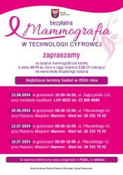 Plakat informujący o terminach badań mammograficznych w Legionowie