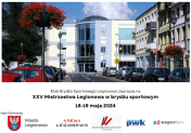 Grafika reklamująca XXV Mistrzostwa Legionowa w brydżu sportowym; budynek dworca
