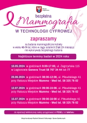 Plakat informujący o terminach badań mammograficznych w Legionowie