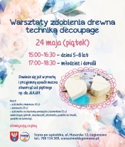 Plakat inforumujacy o warsztatach zdobienia drewna techniką decoupage