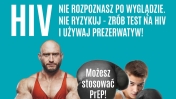 Dwóch mężczyzn; napis: HIV nie rozpoznasz po wyglądzie. Nie ryzykuj - zrób test na HIV i używaj prezerwatyw!