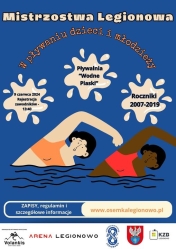 Plakat informujacy o mistrzostwach Legionowa w pływaniu dzieci i młodzieży