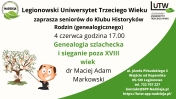 plakat informujący o wykładzie Genealogicznym - Legionowski Klub Historyków Rodzin