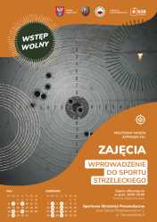 Plakat informujący o zajęciach strzeleckich na strzelnicy pneumatycznej