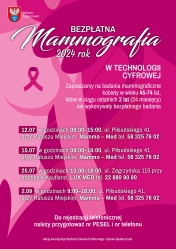 Plakat informujący o terminach badań mammograficznych w Legionowie