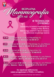 Plakat informujący o terminach badań mammograficznych w Legionowie