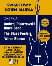Plakat informujący o międzynarodowym dniu bluesa w Legionowie