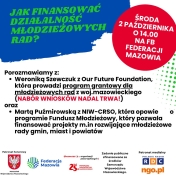 plakat informujący o webinarium - Jak finansować działalność młodzieżowych rad?