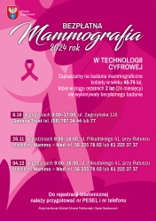 Plakat informujący o terminach badań mammograficznych w Legionowie